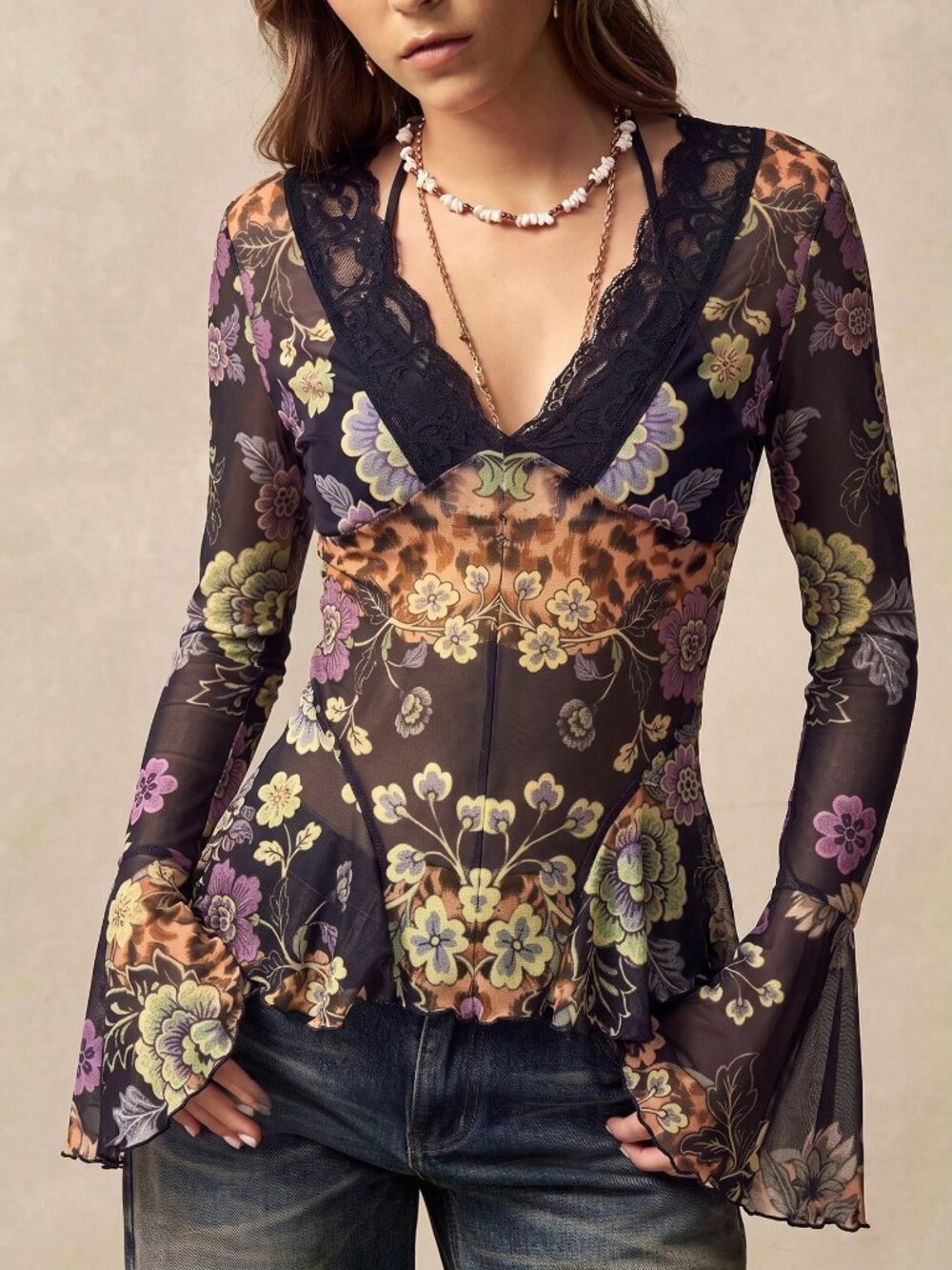 Multicolor Casual Women's Sexy Sheer Asymmetrical V-Neck Flare Sleeve T-Shirt
